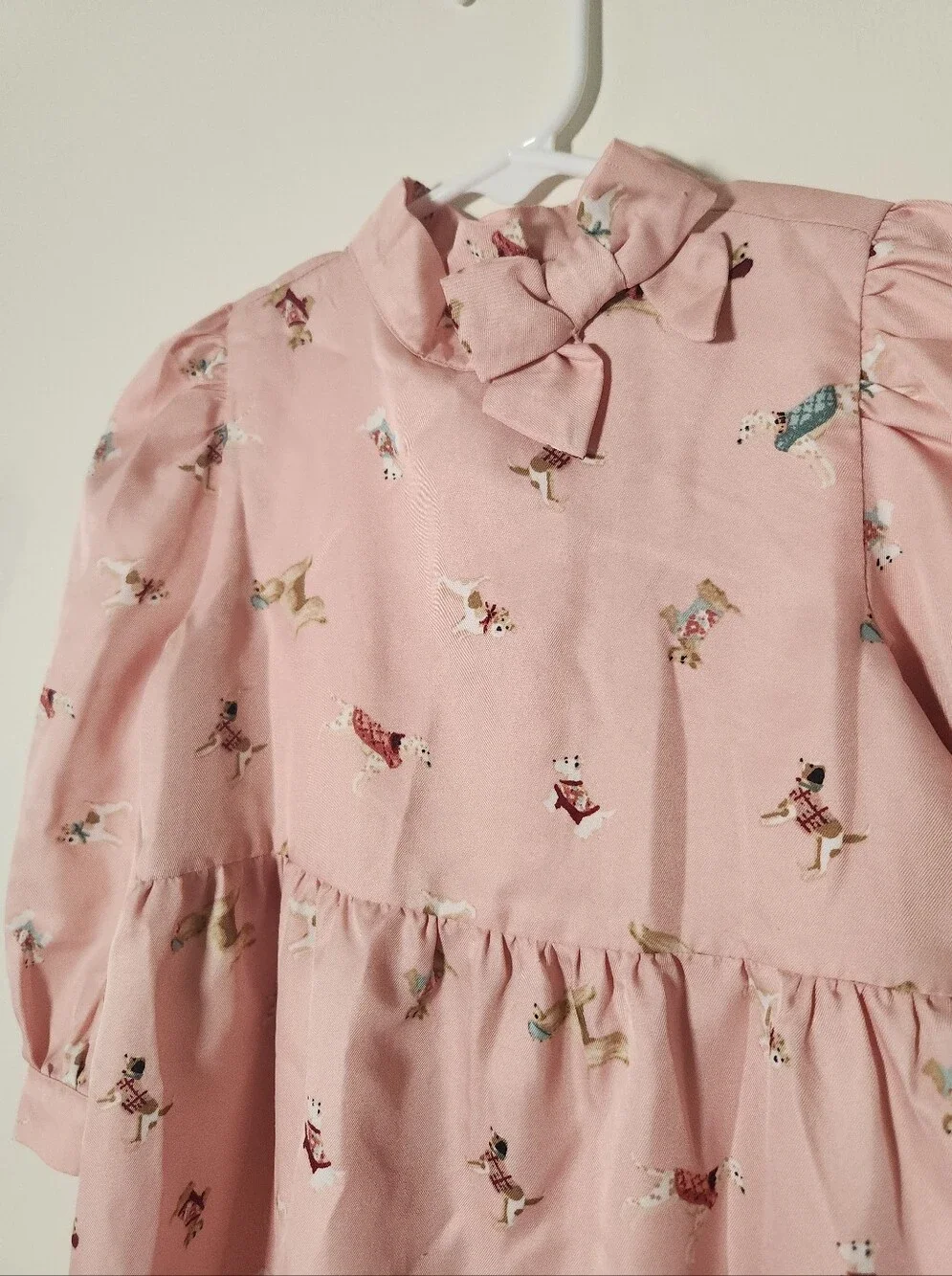 Janie and Jack Girls Pink Dog Print Dress Preppy Coquette Cottagecore Bow